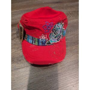 Unique Embroidered Red Cap by LOGA - Distressed Style w/ Colorful Floral Accents